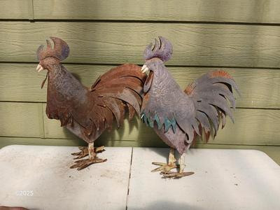 Chickens that don't eat much - Two rusty old roosters - yard art