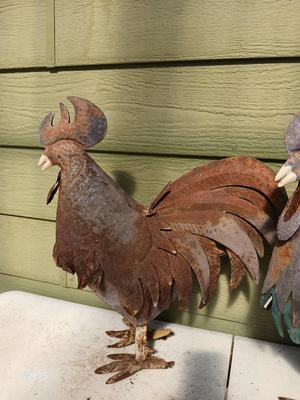 Chickens that don't eat much - Two rusty old roosters - yard art