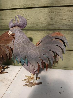 Chickens that don't eat much - Two rusty old roosters - yard art