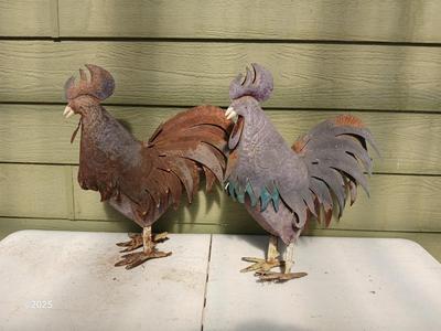 Chickens that don't eat much - Two rusty old roosters - yard art