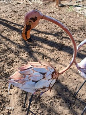 Two metal yard art flamingos