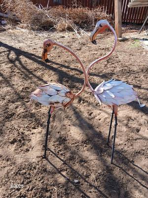 Two metal yard art flamingos