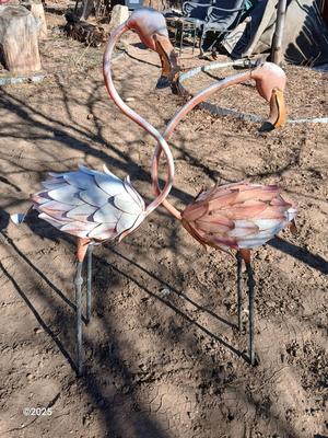 Two metal yard art flamingos