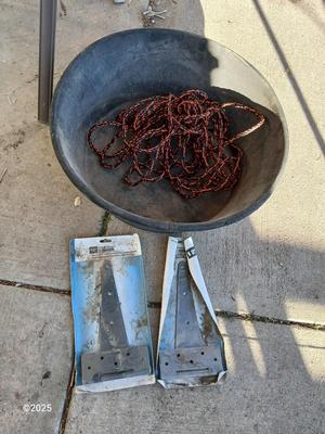 Large livestock rubber feed / water bowl with two new large gate hinges and a rope