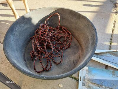Large livestock rubber feed / water bowl with two new large gate hinges and a rope