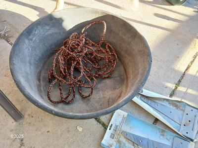 Large livestock rubber feed / water bowl with two new large gate hinges and a rope
