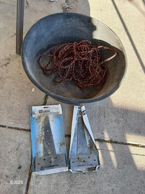 Large livestock rubber feed / water bowl with two new large gate hinges and a rope
