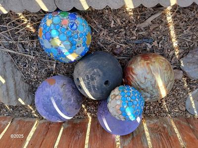 Old bowling balls for crafting - with two handmade gazing balls of sorts