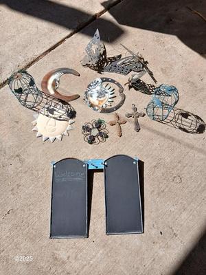 Assortment of small tin and other yard decor - yard art - butterflies - sun & moon - crosses and more