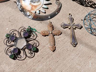 Assortment of small tin and other yard decor - yard art - butterflies - sun & moon - crosses and more