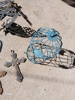 Assortment of small tin and other yard decor - yard art - butterflies - sun & moon - crosses and more