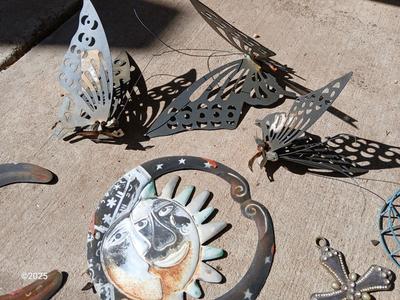 Assortment of small tin and other yard decor - yard art - butterflies - sun & moon - crosses and more