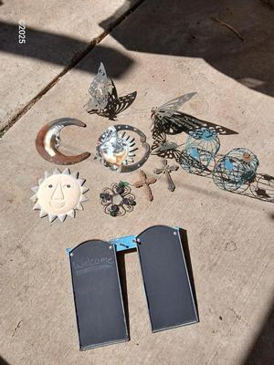Assortment of small tin and other yard decor - yard art - butterflies - sun & moon - crosses and more