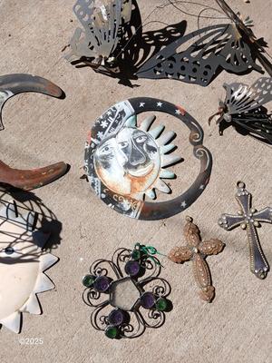 Assortment of small tin and other yard decor - yard art - butterflies - sun & moon - crosses and more