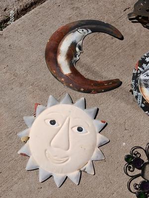 Assortment of small tin and other yard decor - yard art - butterflies - sun & moon - crosses and more