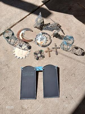 Assortment of small tin and other yard decor - yard art - butterflies - sun & moon - crosses and more