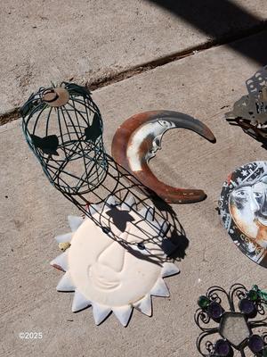 Assortment of small tin and other yard decor - yard art - butterflies - sun & moon - crosses and more