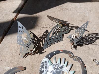 Assortment of small tin and other yard decor - yard art - butterflies - sun & moon - crosses and more