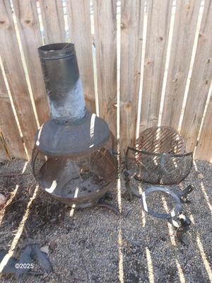 Old metal chiminea for parts. repair, or crafting