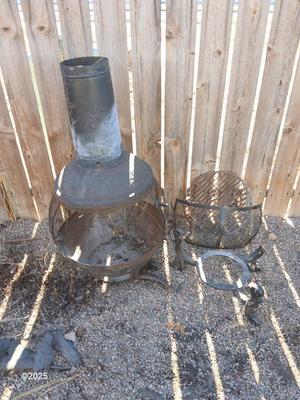 Old metal chiminea for parts. repair, or crafting