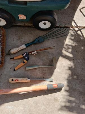 Garden tool wagon / seat with garden hand tools and a boot scraper