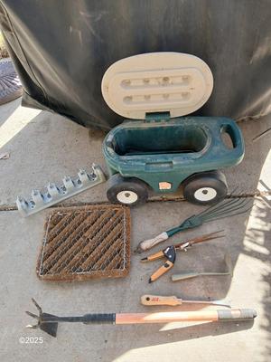 Garden tool wagon / seat with garden hand tools and a boot scraper