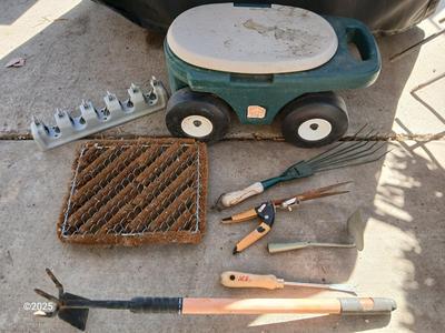 Garden tool wagon / seat with garden hand tools and a boot scraper