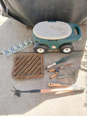 Garden tool wagon / seat with garden hand tools and a boot scraper