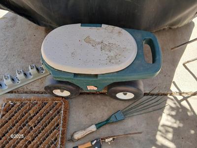Garden tool wagon / seat with garden hand tools and a boot scraper