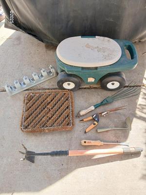 Garden tool wagon / seat with garden hand tools and a boot scraper