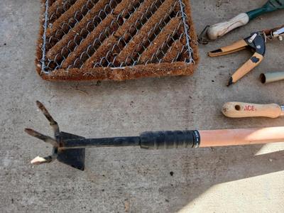 Garden tool wagon / seat with garden hand tools and a boot scraper