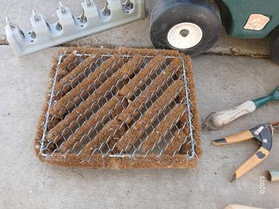 Garden tool wagon / seat with garden hand tools and a boot scraper