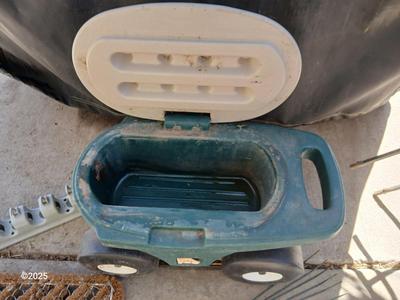 Garden tool wagon / seat with garden hand tools and a boot scraper