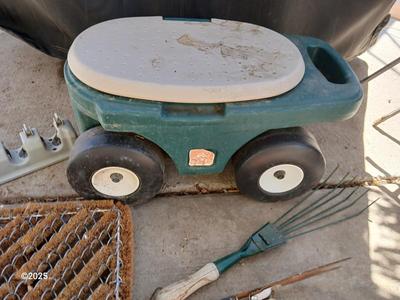 Garden tool wagon / seat with garden hand tools and a boot scraper