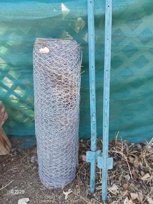 Roll of chicken wire with two garden t-posts
