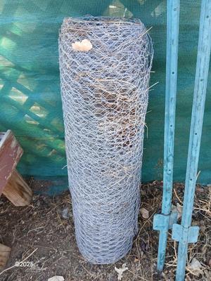 Roll of chicken wire with two garden t-posts