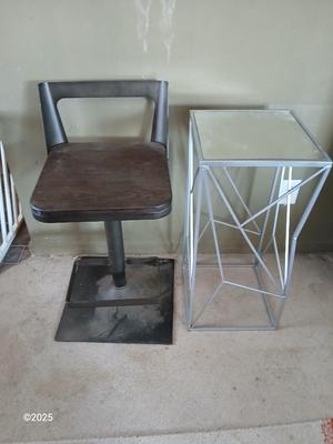 Farm bar stool and a mirrored topped metal framed small table
