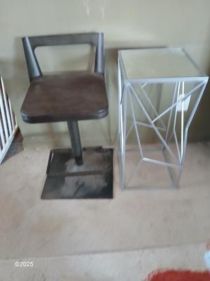 Farm bar stool and a mirrored topped metal framed small table