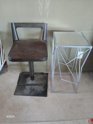 Farm bar stool and a mirrored topped metal framed small table