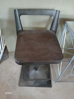 Farm bar stool and a mirrored topped metal framed small table