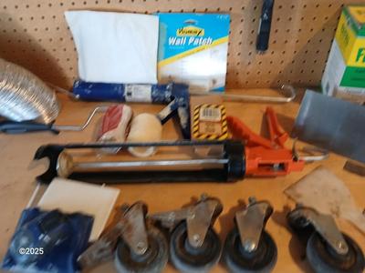 Large assortment household hardware - tools - Caulking guns, wall patches - and new kitchen faucet