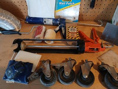 Large assortment household hardware - tools - Caulking guns, wall patches - and new kitchen faucet