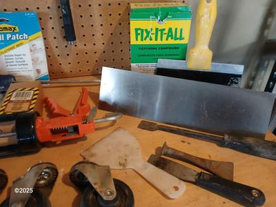 Large assortment household hardware - tools - Caulking guns, wall patches - and new kitchen faucet