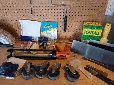 Large assortment household hardware - tools - Caulking guns, wall patches - and new kitchen faucet