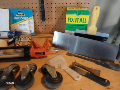 Large assortment household hardware - tools - Caulking guns, wall patches - and new kitchen faucet