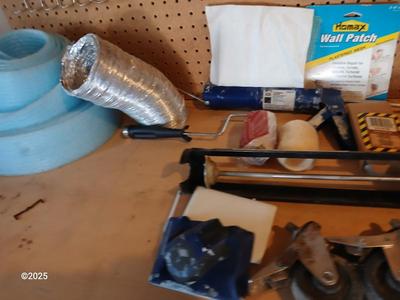 Large assortment household hardware - tools - Caulking guns, wall patches - and new kitchen faucet
