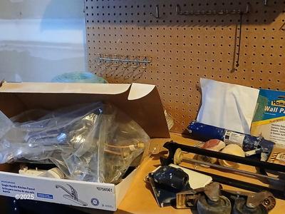 Large assortment household hardware - tools - Caulking guns, wall patches - and new kitchen faucet