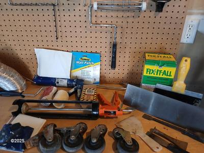 Large assortment household hardware - tools - Caulking guns, wall patches - and new kitchen faucet