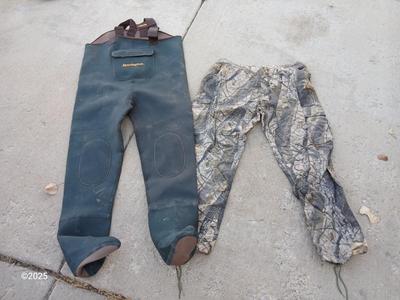 2x large Spartan outdoors camo pants and a pair of Remington bib waders for fishing and irrigating