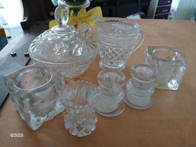 Assortment of glassware - sugar & creamer - candle holders and more